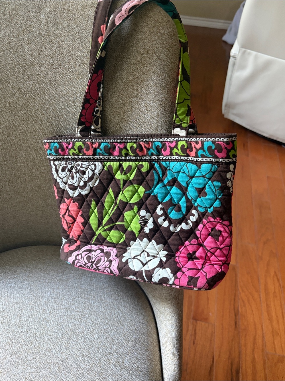 Vera Bradley Quilted Floral Tote Bag - Brown with Pink, Blue & Green Accents